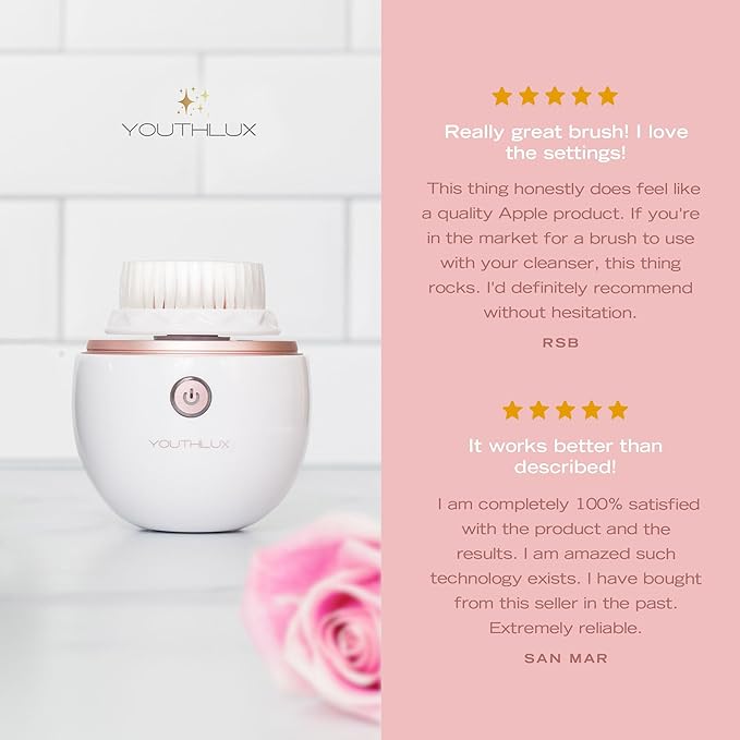 YouthLab Pure Radiance, Vibrating Facial Cleansing Brush, Electric, 3 Modes, 3 Brush Heads (2 Bristle,1 Silicone), Waterproof, Rechargeable, Smart Timer, Exfoliating, Massage (Rose Gold)
