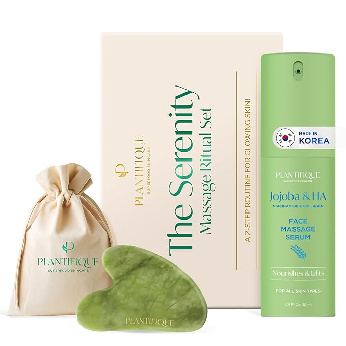 PLANTIFIQUE Massage Set: Jade Gua Sha & Korean Face Serum with Jojoba Oil, Hyaluronic Acid and Niacinamide for Glowing Skin (30ml) - Skincare Gifts for Women, Moms, Teens