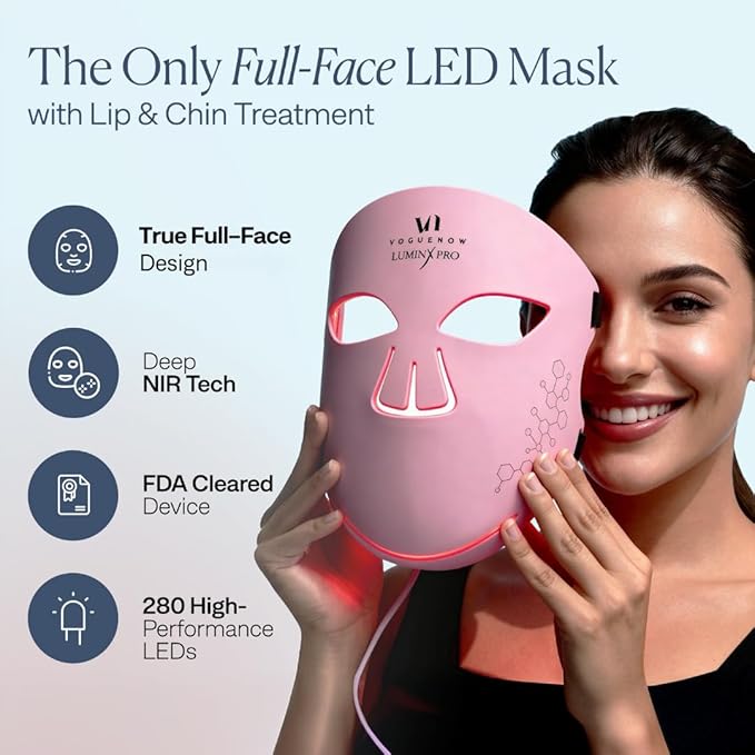 VogueNow LED Light Therapy Mask - FDA-Cleared Device for Wrinkles & Acne - Red Light Therapy for Face with Chin & Lip Coverage - Red, Blue & Near Infrared Facial Skincare - Mothers Day Gifts for Mom