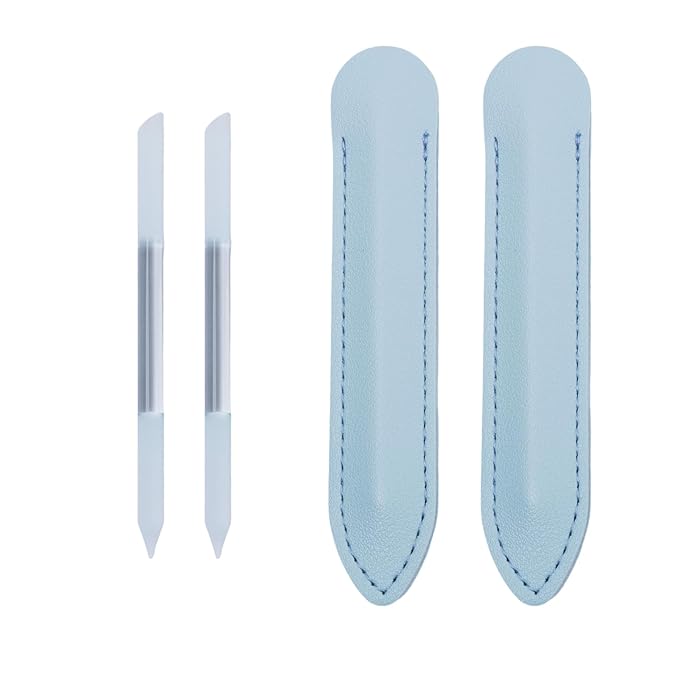 2 Pcs Transparent White Glass Cuticle Pusher Tool with Blue Leather Case, Sassy Tip Cuticle Pusher Pen for Precision Filing Nail Salons Home