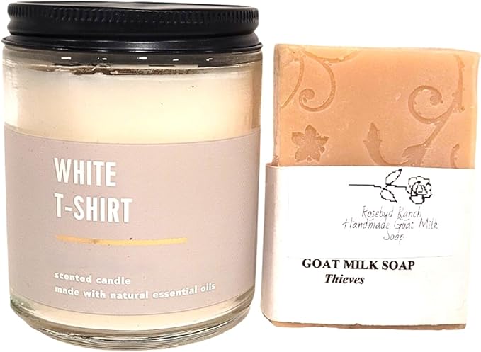 Bath and Body White T-Shirt Single Wick Candle Gift Set with Rosebud Ranch Goat Milk Soap Sample