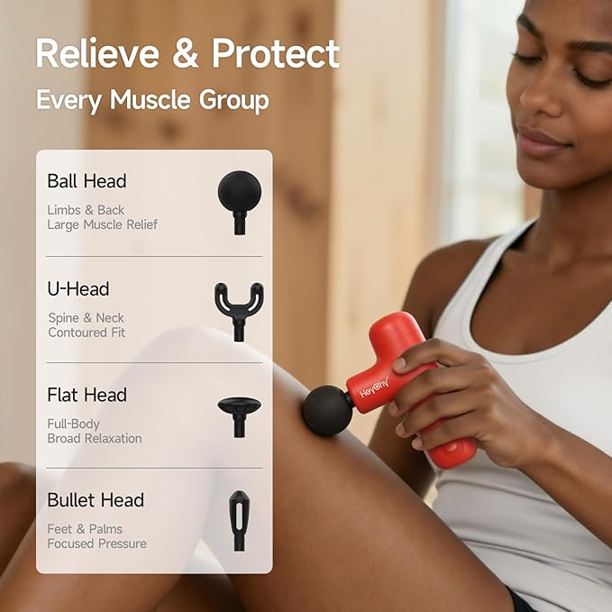 HEYCHY Super Mini Massage Gun Deep Tissue, Handheld Percussion Massager with 4 Heads, Travel Size Muscle Massager Gun for Men & Women Back Pain Relief, Quiet for Home, Gym, Office, Red