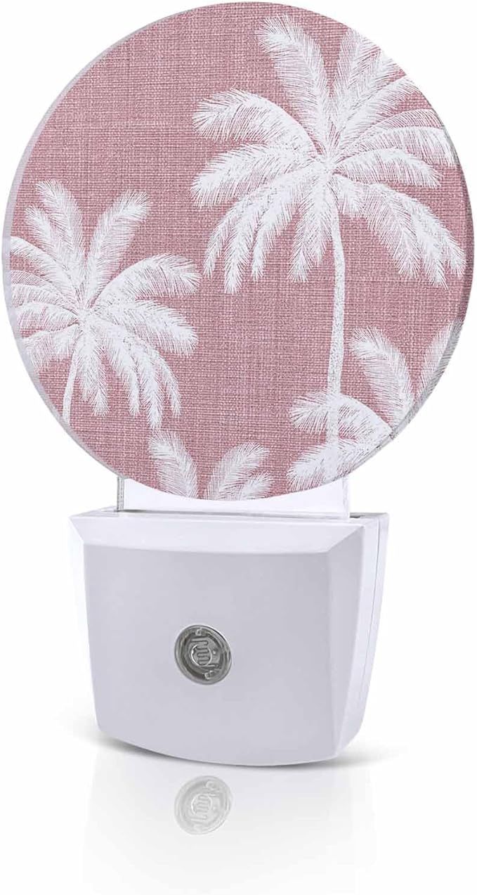 Night Lights Auto Sensor Tropical Palm Trees Night Light Pink Linen Coastal Round Lamp Plug-in LED Nightlights Dusk to Dawn for Living Room Bedroom Bathroom Hallway Wall Decor