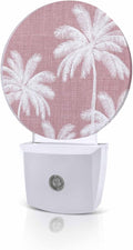 Night Lights Auto Sensor Tropical Palm Trees Night Light Pink Linen Coastal Round Lamp Plug-in LED Nightlights Dusk to Dawn for Living Room Bedroom Bathroom Hallway Wall Decor