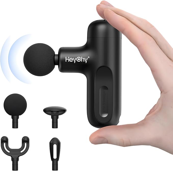 HEYCHY Super Mini Massage Gun Deep Tissue, Handheld Muscle Massager with 4 Heads, Percussion Travel Size Massager Gun for Back Pain Relief, Quiet for Home, Gym, Office, Perfect for Men & Women, Black
