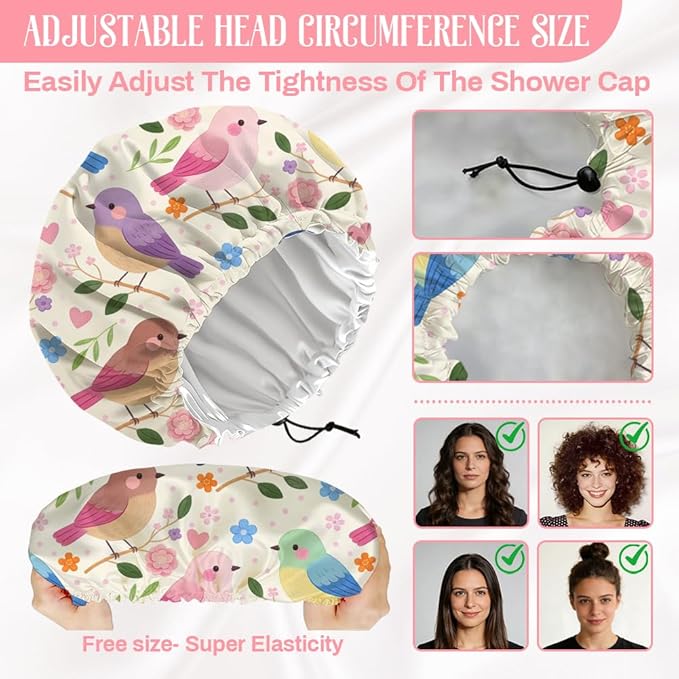Bohemian Birds Flowers Reusable Shower Cap Cute Double Layer Waterproof Shower Caps Large Elastic Hair Cover Adjustable Hair - Drying Caps for Woman Bath SPA Travel One Size Fits Most
