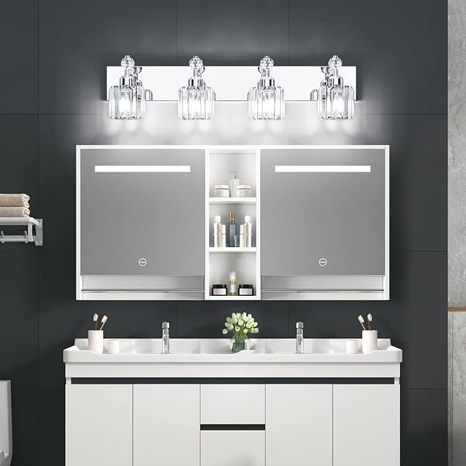 PRESDE 4-Light Crystal Bathroom Lights Fixtures Chrom Modern Wall Lighting Over Mirror