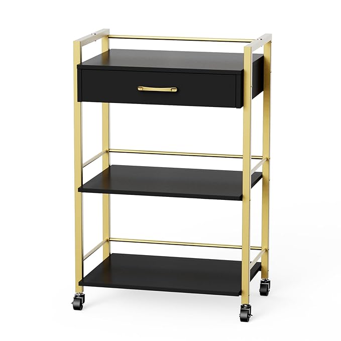 Salon Trolley Cart with Wheels, Esthetician Cart with 1 Drawer & 2 Trays, Mobile Storage Organizer for Beauty Spa Massage Tattoo Esthetic Facial Tool Holder Station, Black Gold