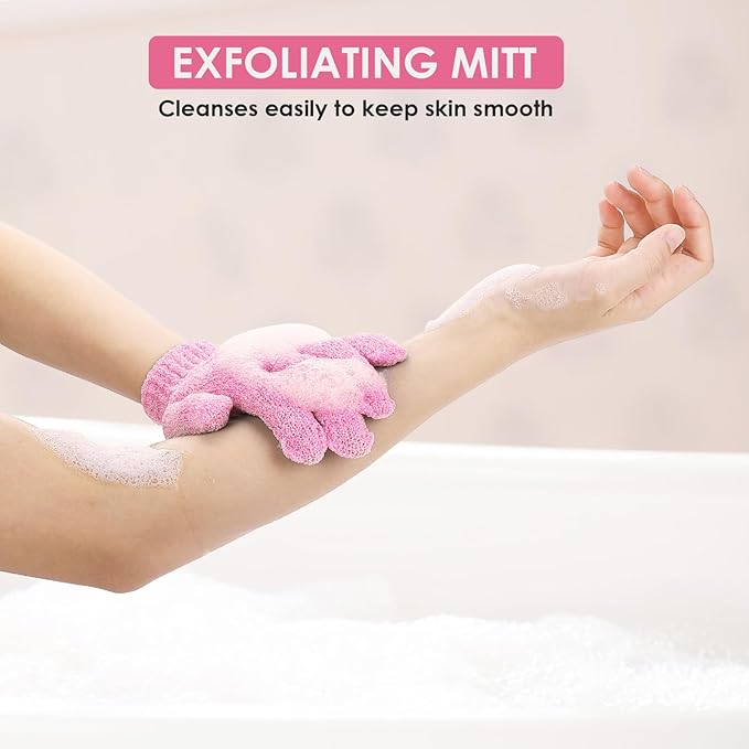 Sibba 2Pcs Exfoliating Wash Gloves Dual Texture Bath Gloves for Shower Body Scrub Exfoliating Mitt Dead Skin Remover Exfoliator Mitten Natural Body Loofah Washcloth (2pcs Pink)