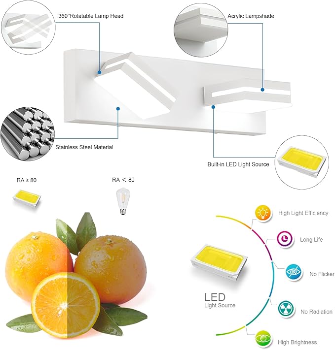 SineRise LED Modern Bathroom Vanity Light Fixtures (2-Light, 15.5-Inch, Dimmable), Matte White Modern Acrylic Bathroom Wall Lighting Fixtures Over Mirror (Cool White 6000K)