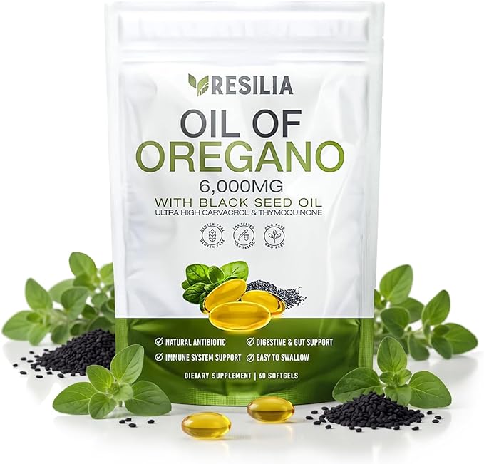 Resilia Softgels with Black Seed Oil 6000mg – Organic Oregano Oil Capsules for Immune & Digestive Support – Non-GMO, Gluten-Free Softgels – Natural Herbal Wellness Supplement (60 Count)