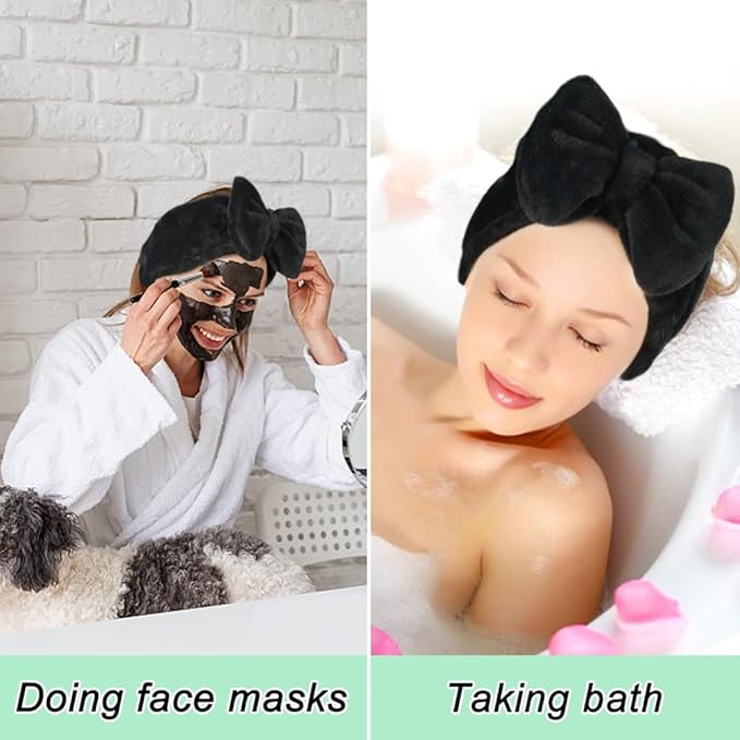Shintop Spa Headband, Soft Carol Fleece Makeup Headband with Cute Bow Elastic Hairband for Washing Face Skincare Facial Mask Showers（Black）