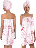 Pink Bow Bath Wrap with Hair Drying Cap – Microfiber Quick Dry Shower Skirt and Absorbent Turban Towel Set for Women Spa Gym Travel Dorm (Bow 8)