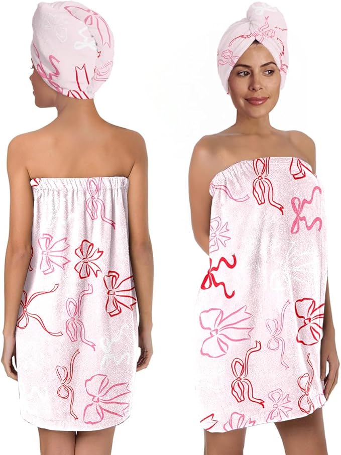 Pink Bow Bath Wrap with Hair Drying Cap – Microfiber Quick Dry Shower Skirt and Absorbent Turban Towel Set for Women Spa Gym Travel Dorm (Bow 8)