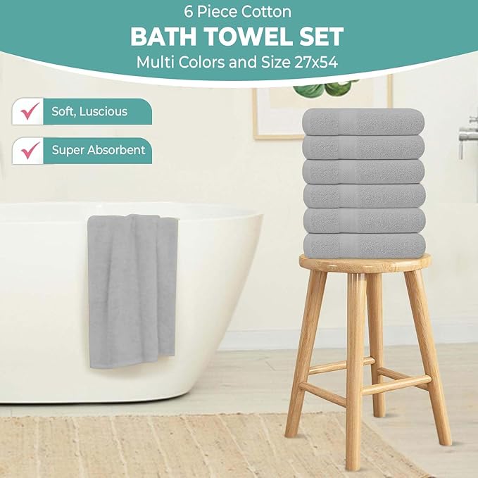 KAHAF COLLECTION 6 Pack Bath Towels Set (27 x 54 Inches) 100% Ring Spun Cotton, Lightweight, Quick Dry, Highly Absorbent Towels (Light Grey, (27x54) Inches)
