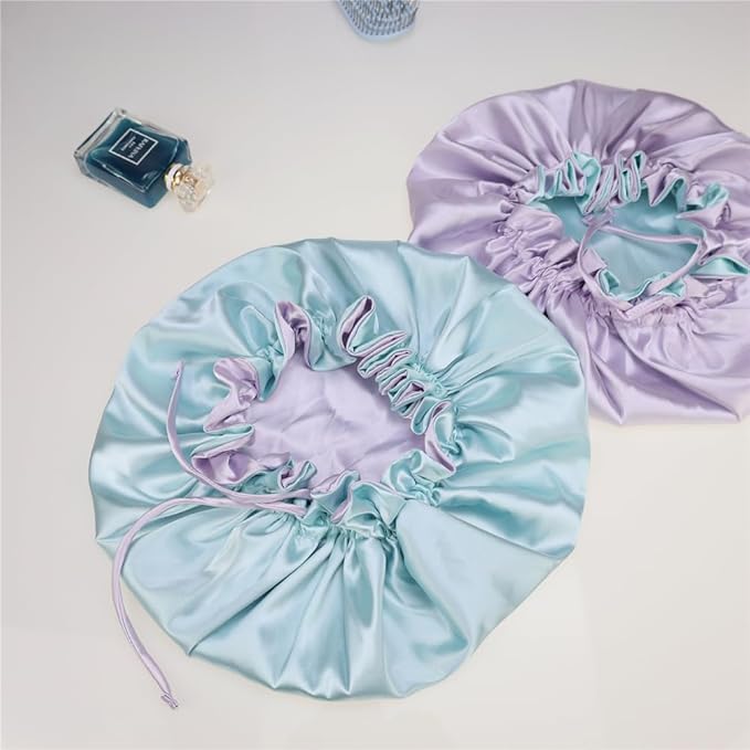 Adjustable Silk Satin Bonnet Hair Care Caps for Women Girls Loose-fitting Reversible Sleeping Cap Shower Caps Hair Wrap Bonnets (002 Lilac/Aqua)