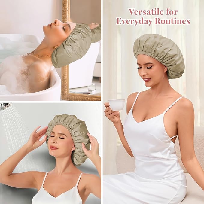 Shower Cap for Women Waterproof Reusable, Large Shower Cap Non-Slip with Elastic Band, Washable Bath Hair Hat for Long Hair, Braids (Brown)