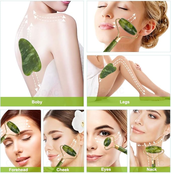Jade Roller & Gua Sha Set 5 in 1 Facial Massager Tools - Jade Gua Sha Facial Massager Set with Roller for Face Sculpting & Skin Care
