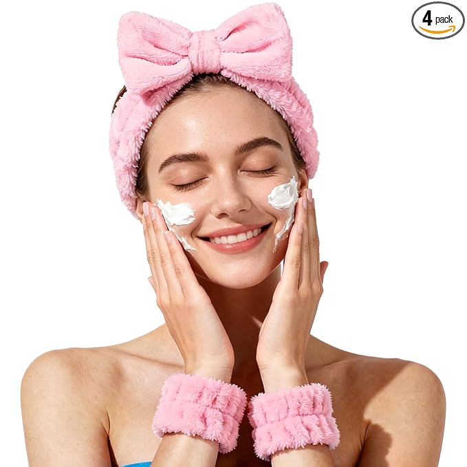Fmeida Spa Headband and Wrist Band Set for Face Washing Skin Care Headband Pink Hairband 3 Pack