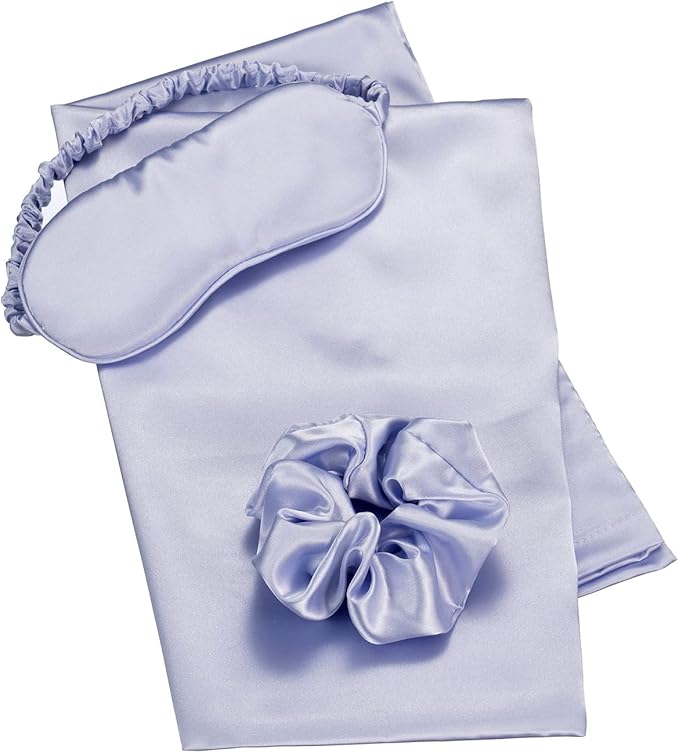 Vegan Silk Sleep Set, Vegan Silk Pillowcase with Large Scrunchie and Eye Mask for Hair and Skin, Self Care Essential Satin Night Routine Kit (Purple Color)