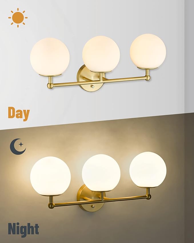 AKEZON Gold Vanity Light for Bathroom, Modern Bathroom Light Fixtures Over Mirror Brushed Gold Vanity Lights 3-Light Wall Sconce with Milky Glass Globe Shade for Mirror Living Room Bedroom Hallway