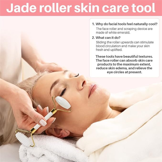 shenghang Jade Face Roller and Gua Sha Set for Face Eyes Forehead Neck Body Muscle Relaxing and Relieve Fine Lines and Wrinkles