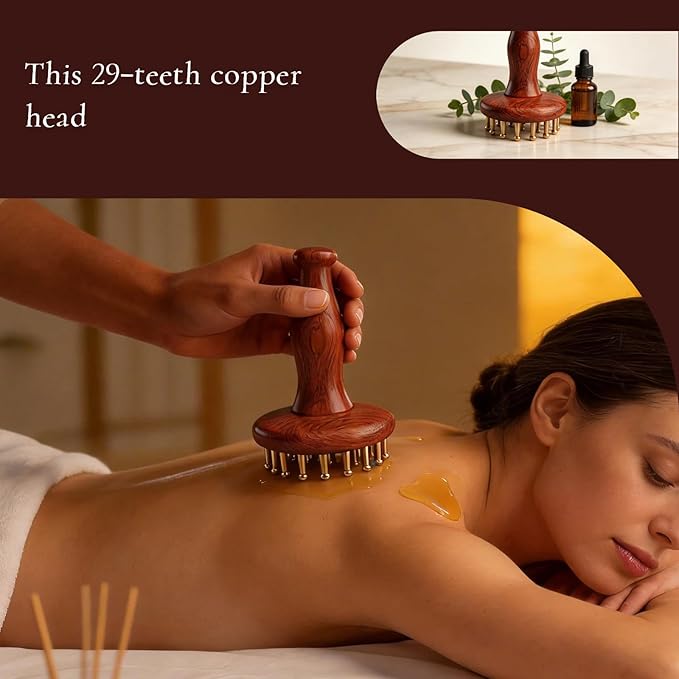 29-Teeth Copper Gua Sha Massage Comb, Meridian Massage Brush for Full Body and Scalp, Portable SPA Therapy Tool for Neck Shoulder Back Leg(1 Pcs)