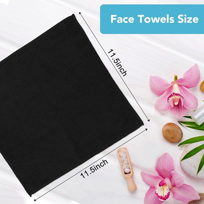 Orighty Washcloths, 5 Pack Microfiber Face Towels, Highly Absorbent and Soft Feel Wash Cloths & Hand Towels for Bathroom, Hotel, Spa, and Gym, 11.5x11.5 Inch, Black