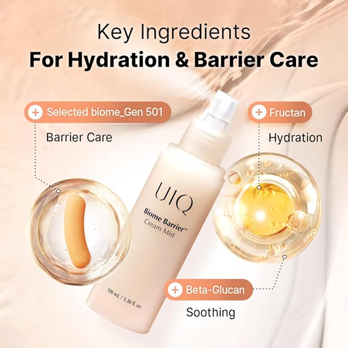 UIQ Biome Barrier Cream Mist, Skin Microbiome-Powered Face Mist with Hyaluronic Acid & Niacinamide, Deep Hydration, Glow & Soothing, Korean Skin Care, 100ml / 3.38 fl. oz.
