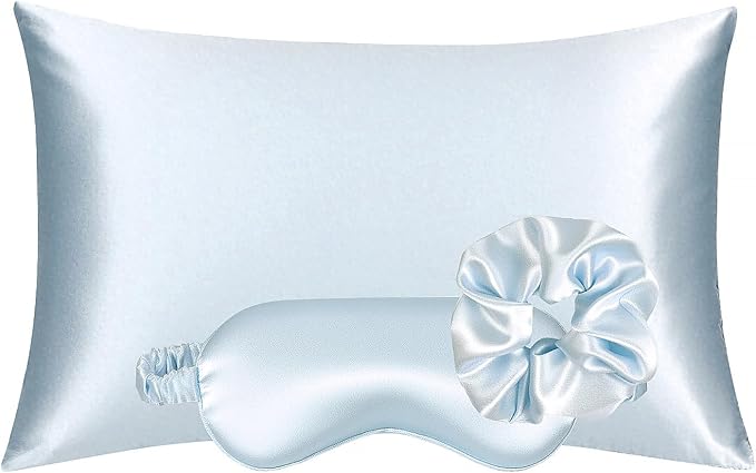 Vegan Silk Sleep Set, Vegan Silk Pillowcase with Large Scrunchie and Eye Mask for Hair and Skin, Self Care Essential Satin Night Routine Kit (Light Blue Color)