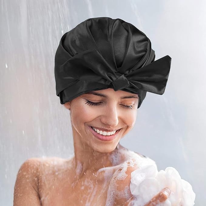 Large Shower Cap for Women Reusable Waterproof Adjustable Shower Caps with Silk Satin Lined Luxury Shower Cap for Long Hair (Black)