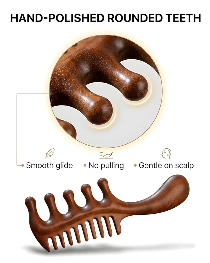Wooden Scalp Massager Comb – Natural Wood Wide & Fine Tooth with Handle for Hair Growth, Scalp Care & Stress Relief – Detangling Tool for All Hair Types