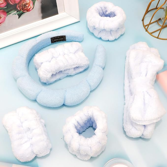 AOPRIE SPA Headbands for Washing Face Makeup Headbands with Bow Hair Band Women Facial Head Band Wrist Towel Wraps Venus Shower Face Mask Blue, 6 Pack