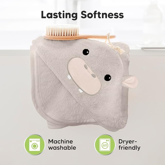 KeaBabies Hooded Baby Towel for Newborn - Viscose Derived from Bamboo Large Baby Bath Towels with Hood for Boys, Girls, Toddler, Extra Absorbent & Soft Newborn Bath Essentials (Hippo, Regular)