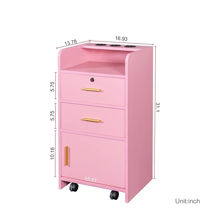 SSLine Modern Salon Station Pink Floor Stand Styling Sation Wood Salon Cabinet for Hair Stylist Barber Shop Classic Beauty Spa Storage Table with Drawers,Cupboard and Tool Insert Holes
