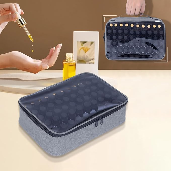Essential Oils Carrying Case Holds 60 Grids for 1-3ML Roller Bottles 5ml, 10ml, 15ml Bottles Storage Organizer Bag Transparent, Essential Oil Bag with Detachable Sponge Pad Gray