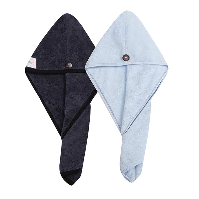 M-bestl 2 Pack Hair Drying Towels, Hair Towel Wrap,Absorbent Microfiber Hair Towel Turban with Button Design to Dry Hair More Quicker(Dark Gray& Blue)