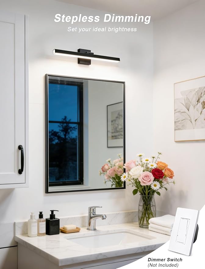 IZORRO Modern Bathroom Vanity Light 16 inch, Rotatable, 12W Dimmable Led Bathroom Light Fixture Over Mirror, Black Vanity Light Bar (Cool White 6000K)