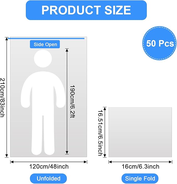 50 Pcs Sauna Bag Plastic Sheeting for Body Wrap, Disposable Sauna Bag 48 x 83 Inch Applied Inside a Far Infrared Sauna Bag Disposable Body Wraps Thicken Sauna Blanket Liners (Side Opening)