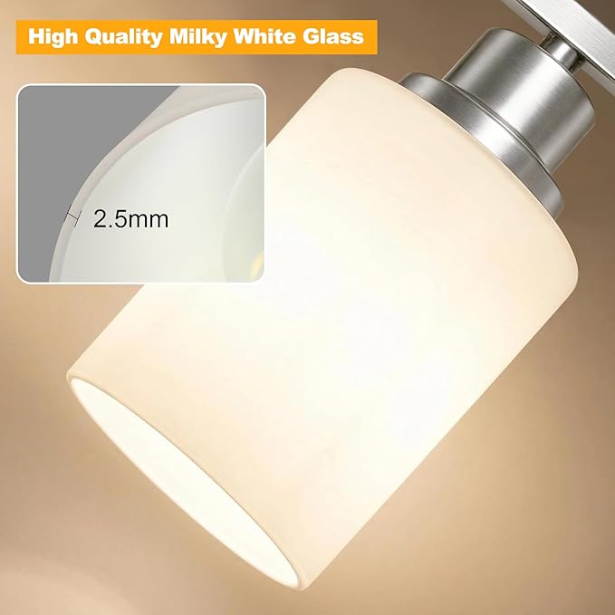 Unicozin 3-Light Bathroom Light Fixtures, Modern Brushed Nickel Vanity Light Over Mirror, Wall Sconces with Milky White Glass Shades for Living Room Bedroom Hallway E26 Base