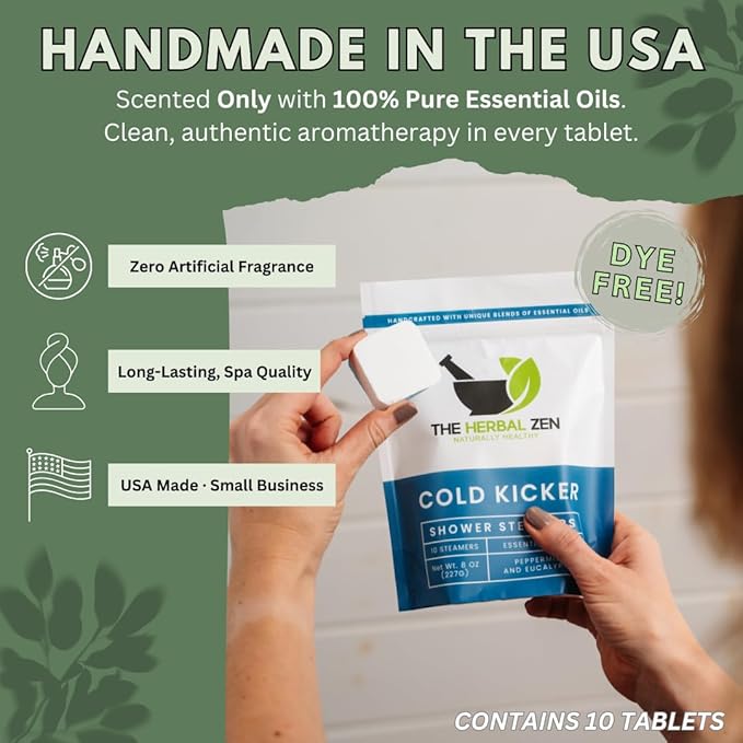 Cold Kicker Shower Steamers Aromatherapy for Relief - USA Made - Peppermint & Eucalyptus Shower Bomb Tablets - Mothers Day Gift for Mom - Soothing Natural Essential Oils (10 Pack)