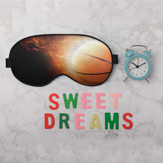 Fire Basketball Sleep Eye Mask Wall Funny Basketball Sports Silk Eye Mask Sleeping Soft Eye Shade Cover for Men Women Boy Girl Airplane Travel with Elastic Strap