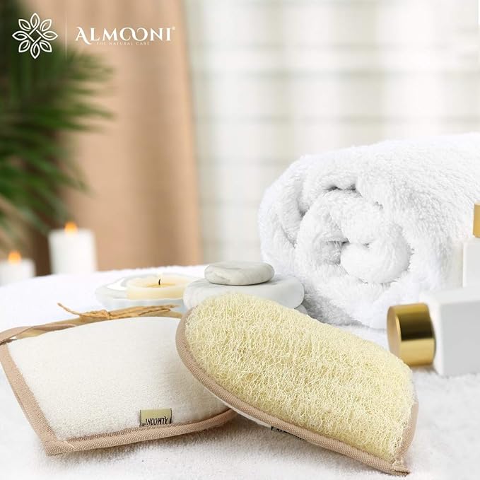 Almooni Egyptian Loofah Gloves for Women & Men, Real Natural Egyptian Loofah Mittens with Terry Cloth, Premium Exfoliating Mitt for Body Cleansing, 2-Pack