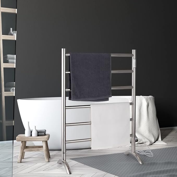 Freestanding Towel Warmer 6 Bars Plug-in Option 3 Working Modes Mirror Polished Stainless Steel 24”W 34”H