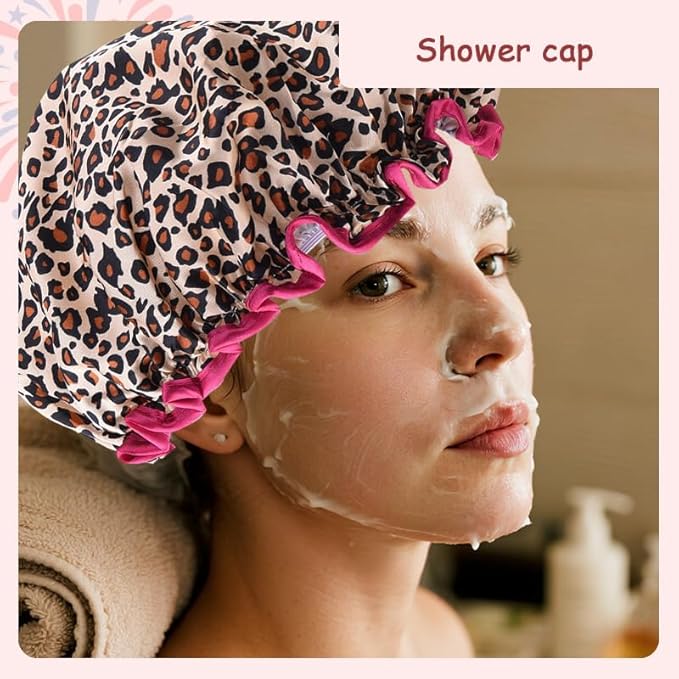 Vintage Leopard Print Shower Cap for Long Hair Braids Womens Fabric Waterproof Large Leopard Shower Caps for Women Washable Elastic Adjustable Bath Hair Caps for Washing Spa Bath Cap for Women Trendy