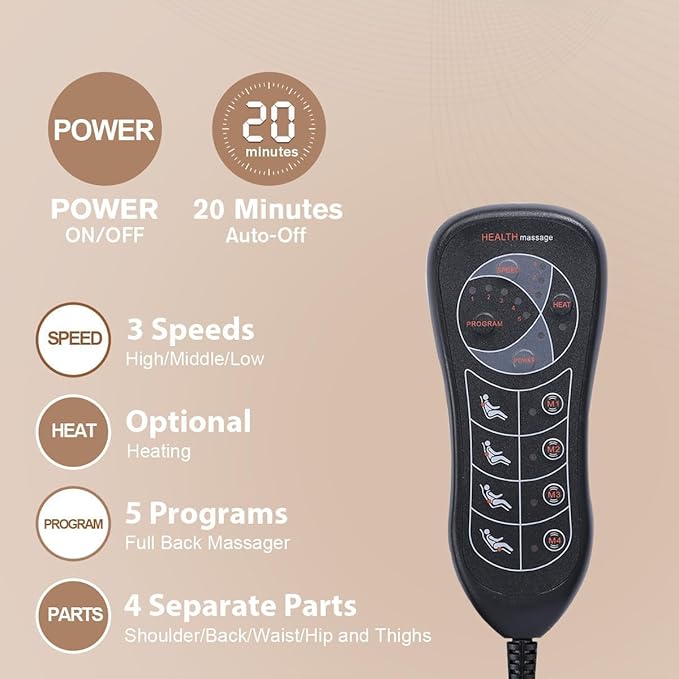 SLOTHMORE Vibration Back Massager for Chair with Heat, Multi-Zone Massage Seat Cushion, Full Back & Seat Coverage, Adjustable Modes, Comfortable Pad for Office & Home
