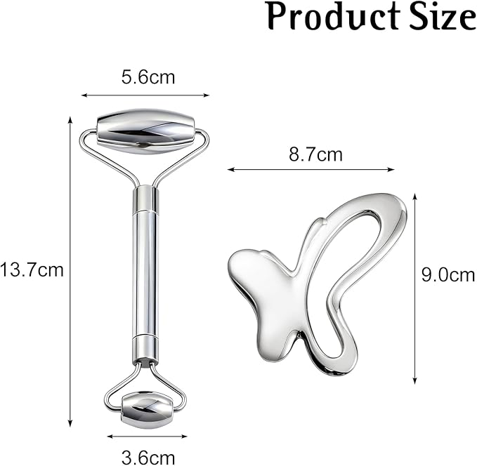 Gua Sha & Face Roller, Stainless Steel Gua Sha Facial Tools, Lymphatic Drainage Massager for Face, Eyes, Chin & Jawline Sculpting, Body Gua Sha Tools with Pouch (Light Silver)