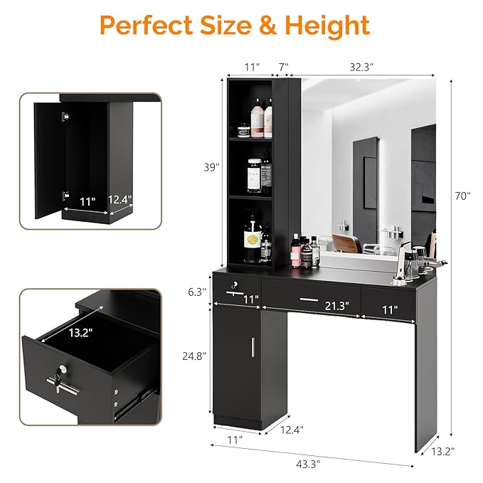 OmySalon Salon Station with Mirror, Locking Barber Station for Hair Stylist, Wall Mount Cabinet with Hair Dryer Holders & Open Shelves, for Barbershop Beauty Spa, Black