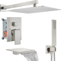 Midanya Shower System with Tub Spout,Bathtub Shower Faucet Set with Square Rainfall Head and Handheld Sprayer Wall Mount Tub Faucet Set with Valve and Trim Kit,16 Inch Brushed Nickel