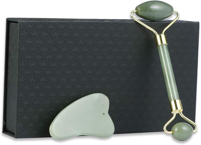 rosenice Jade Beauty Vessel Gua Sha Massage Tool Set with Roller and Scraping Plate for Facial and Neck Muscle Relief 5.90X1.96X1.18In Green-Set
